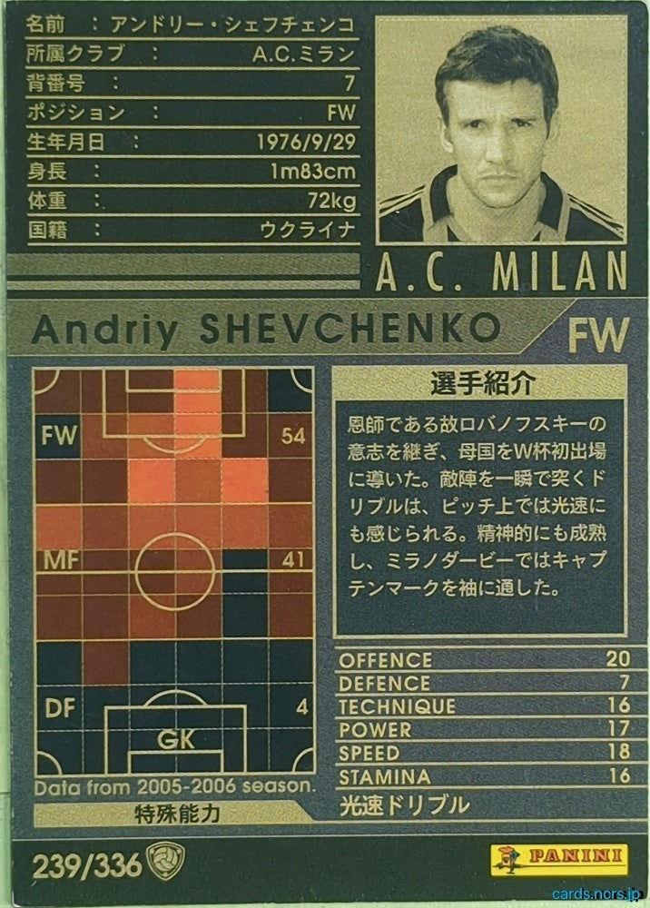 Panini WCCF Football WCCF/2005-2006-239/336 N Andriy Shevchenko Trading Card EX