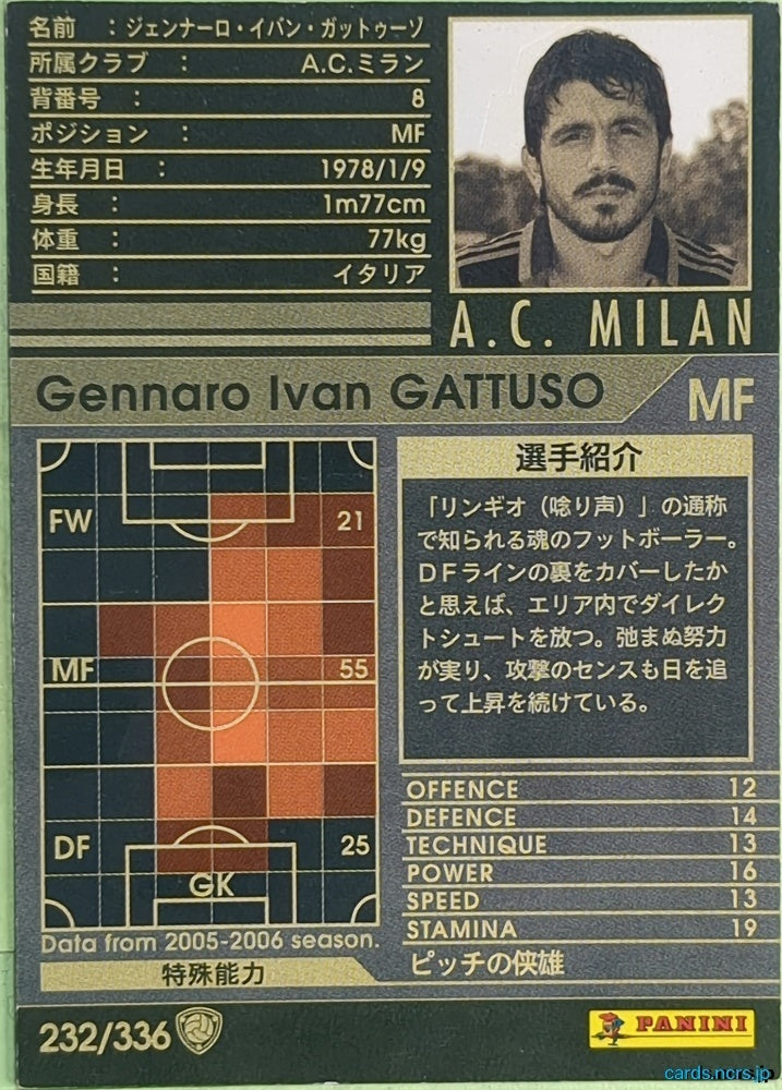 Panini WCCF Football WCCF/2005-2006-232/336 N Gennaro Ivan Gattuso Trading Card EX