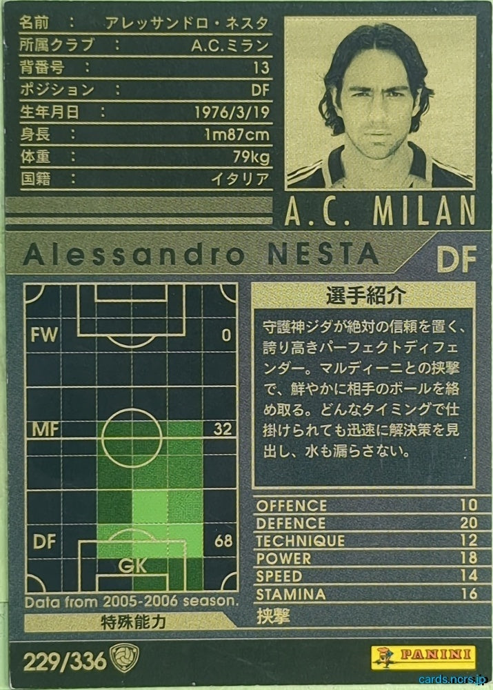 Panini WCCF Football WCCF/2005-2006-229/336 N Alessandro NESTA Trading Card EX