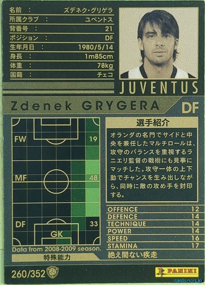 Panini WCCF Football WCCF/2008-2009-260/352 Zdenek Grygera Trading Card EX