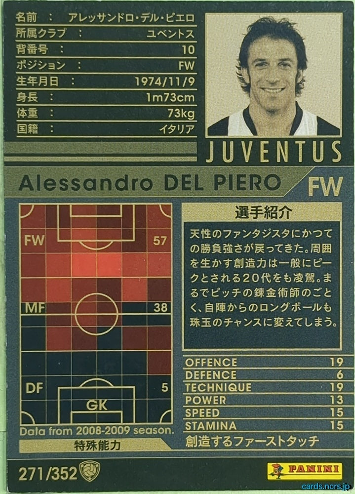 Panini WCCF Football WCCF/2008-2009-271/352 N Alessandro Del Piero Trading Card EX