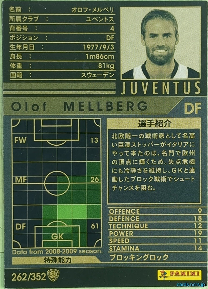 Panini WCCF Football WCCF/2008-2009-262/352 N Olof MELLBERG Trading Card EX