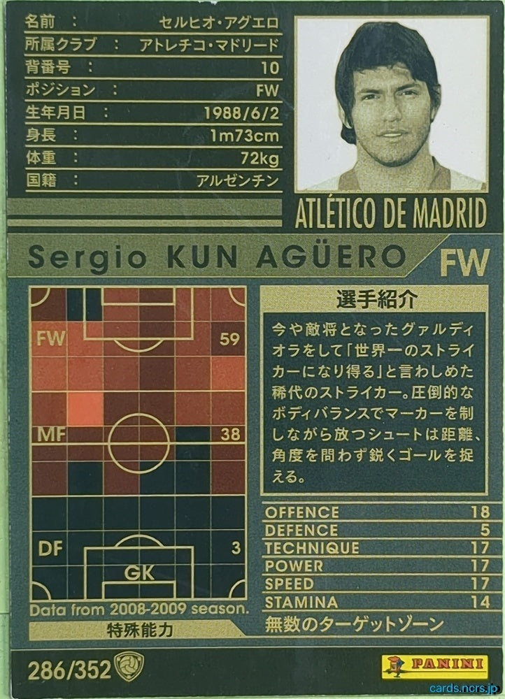 Panini WCCF Football WCCF/2008-2009-286/352 N Sergio KUN AGÜERO Trading Card EX