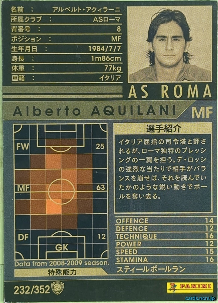 Panini WCCF Football WCCF/2008-2009-232/352 N Alberto Aquilani Trading Card EX