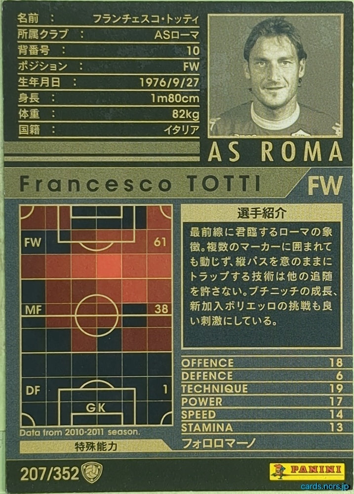 Panini WCCF Football WCCF/2010-2011-207/352 N Francesco TOTTI Trading Card EX