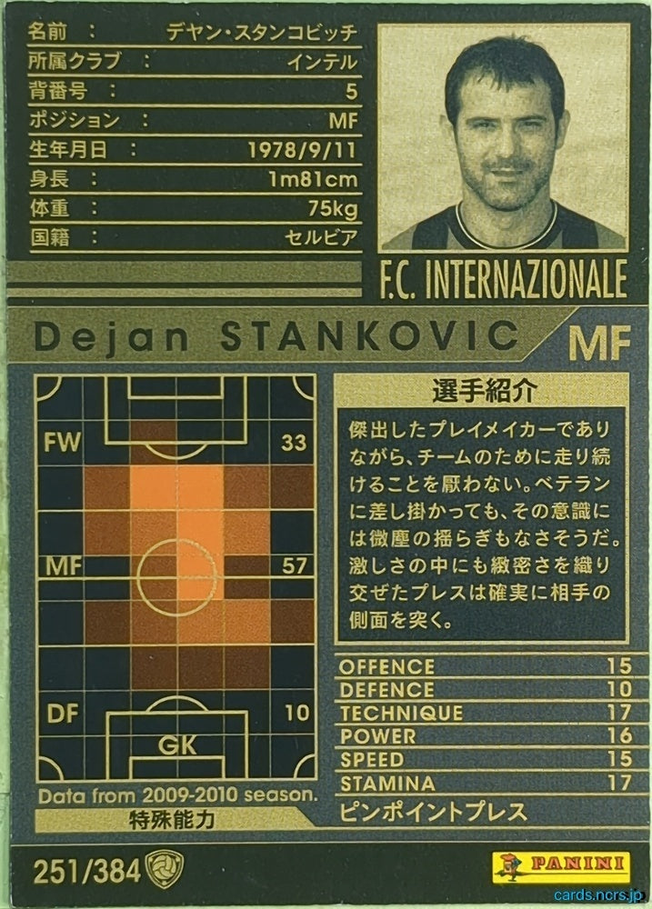 Panini WCCF Football WCCF/2009-2010-251/384 N Dejan Stankovic Trading Card EX