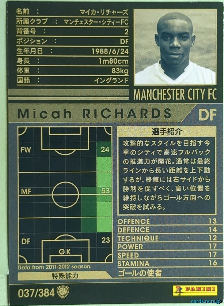 Panini WCCF Football WCCF/2011-2012-037/384 N Micah Richards Trading Card EX