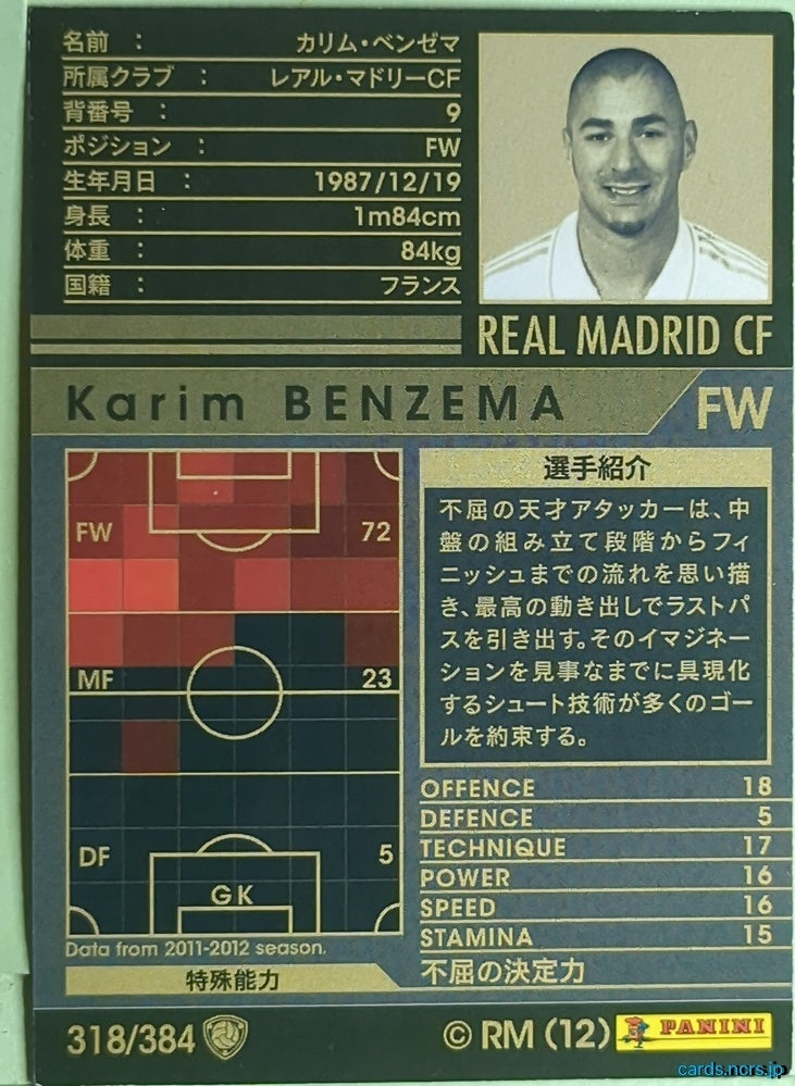 Panini WCCF Football WCCF/2011-2012-318/384 N Karim BENZEMA Trading Card EX