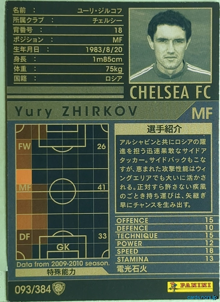 Panini WCCF Football WCCF/2009-2010-093/384 N Yury Zhirkov Trading Card EX