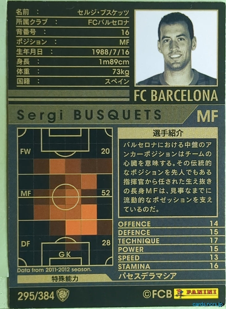 Panini WCCF Football WCCF/2011-2012-295/384 N Sergi Busquets Trading Card EX