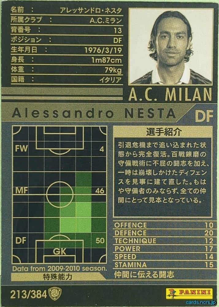 Panini WCCF Football WCCF/2009-2010-213/384 Alessandro NESTA Trading Card EX