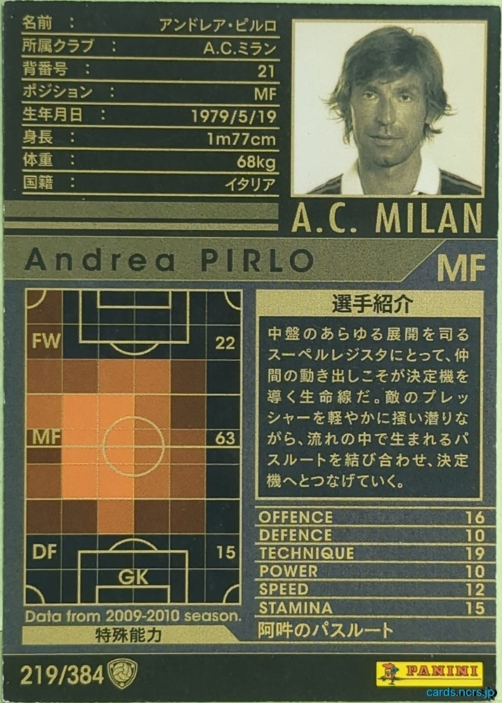 Panini WCCF Football WCCF/2009-2010-219/384 N Andrea PIRLO Trading Card EX