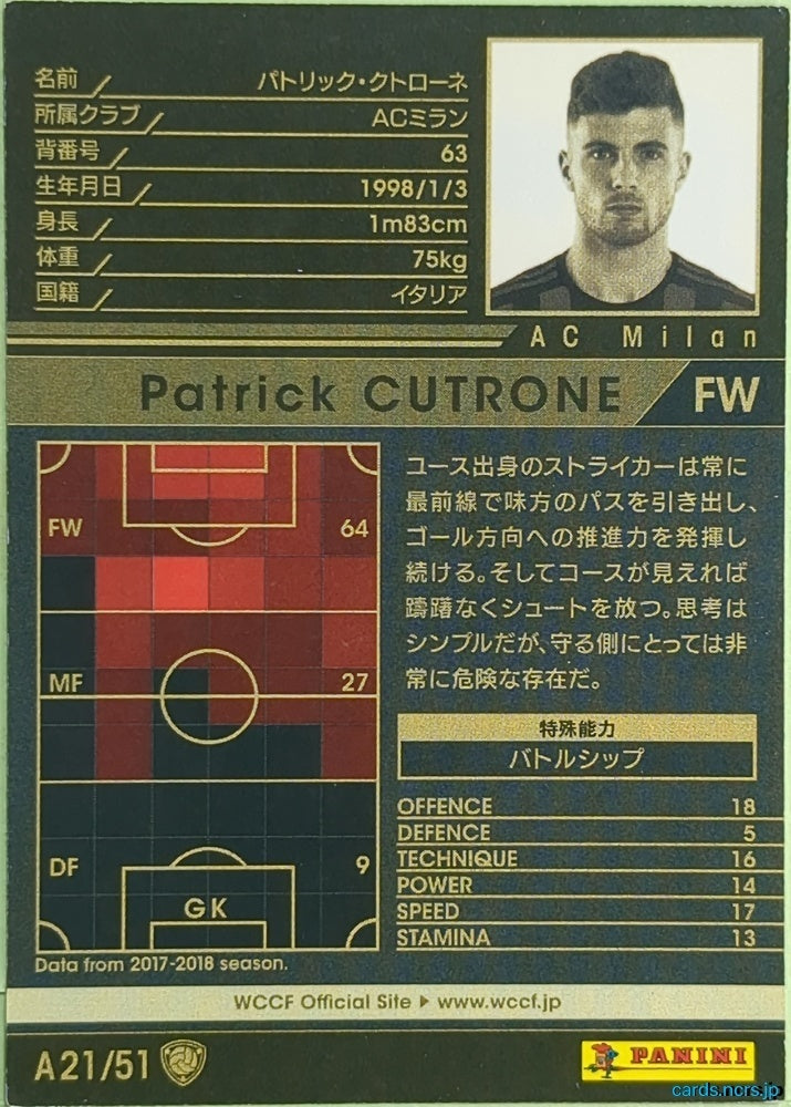 Panini WCCF Football WCCF/2017-2018-A21/51 N Patrick Cutrone Trading Card EX