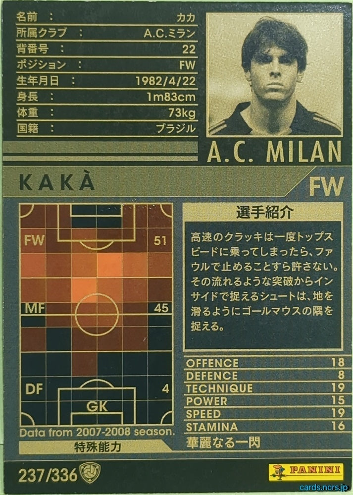 Panini WCCF Football WCCF/2007-2008-237/336 N KAKA Trading Card EX