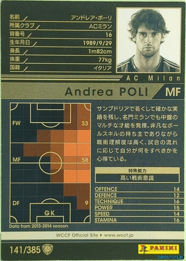 Panini WCCF Football WCCF/2013-2014-141/385 N Andrea Poli Trading Card EX