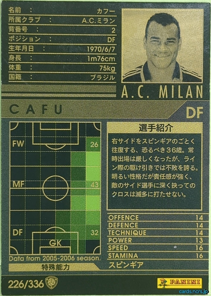 Panini WCCF Football WCCF/2005-2006-226/336 N Cafu Trading Card EX