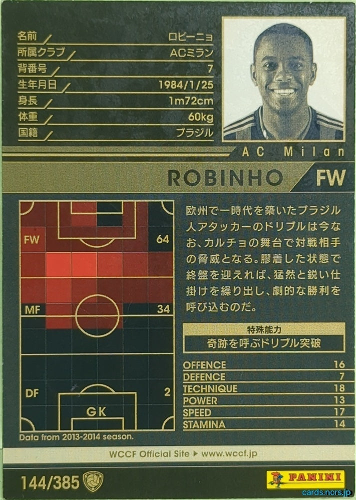 Panini WCCF Football WCCF/2013-2014-144/385 N Robinho Trading Card EX