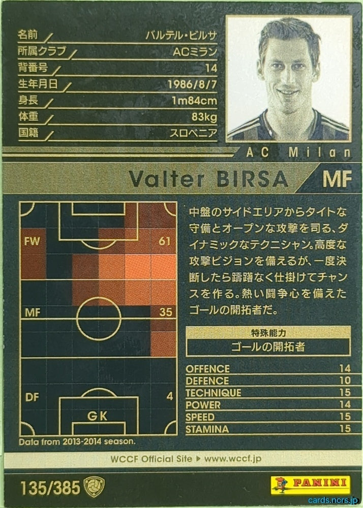 Panini WCCF Football WCCF/2013-2014-135/385 N Valter Birsa Trading Card EX