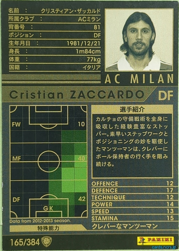 Panini WCCF Football WCCF/2012-2013-165/384 N Cristian Zaccardo Trading Card EX