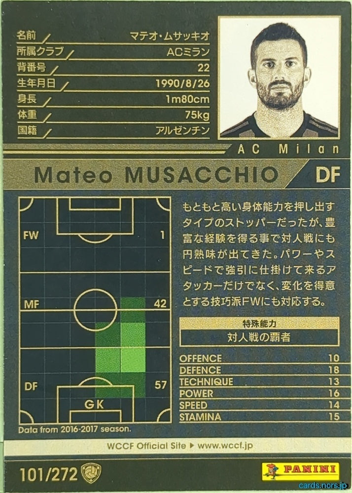 Panini WCCF Football WCCF/2017-2018-101/272 N Mateo Musacchio Trading Card EX