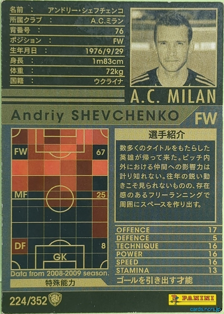 Panini WCCF Football WCCF/2008-2009-224/352 N Andriy Shevchenko Trading Card EX