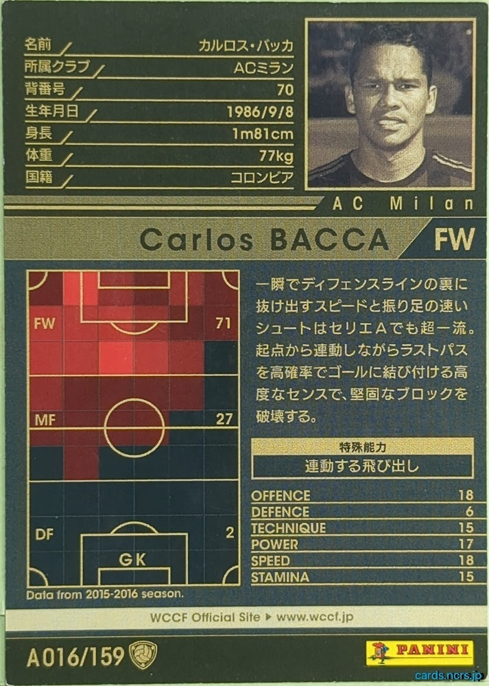 Panini WCCF Football WCCF/2015-2016-A016/159 N Carlos Bacca Trading Card EX