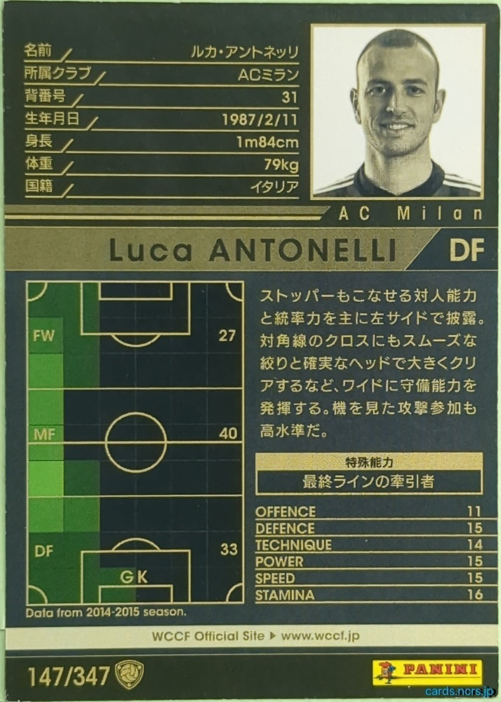 Panini WCCF Football WCCF/2015-2016-147/347 N Luca ANTONELLI Trading Card EX
