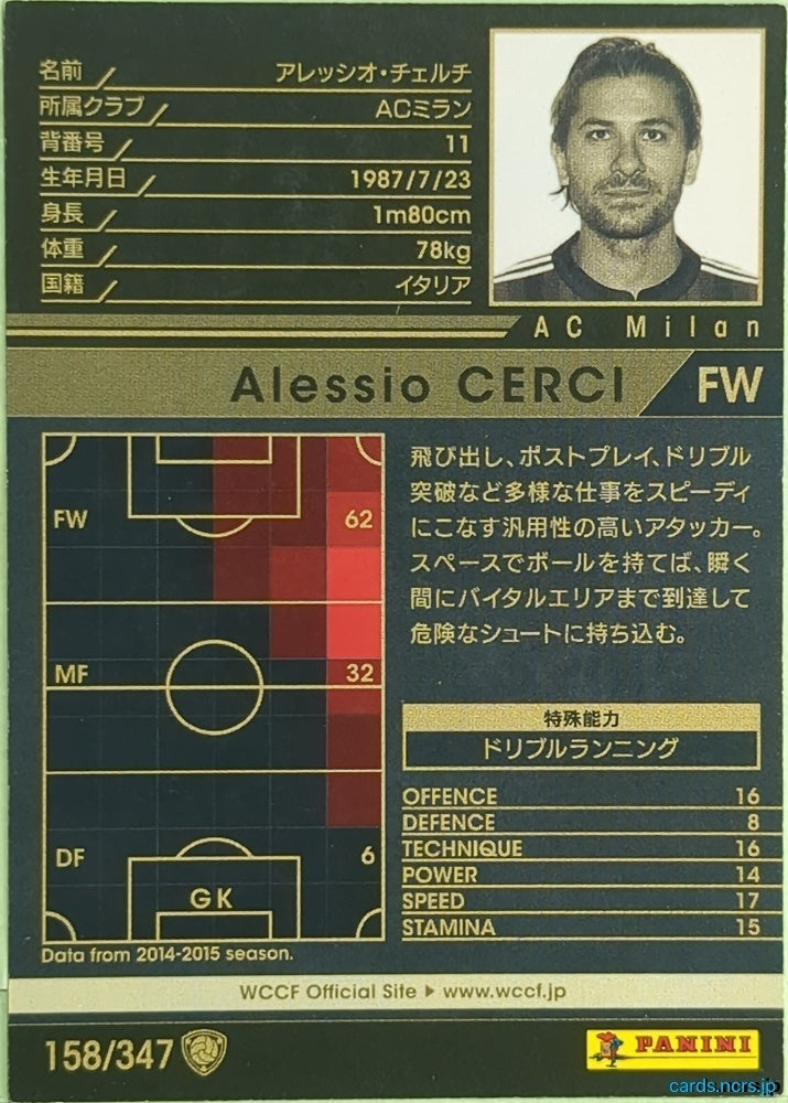 Panini WCCF Football WCCF/2015-2016-158/347 N Alessio Cerci Trading Card EX