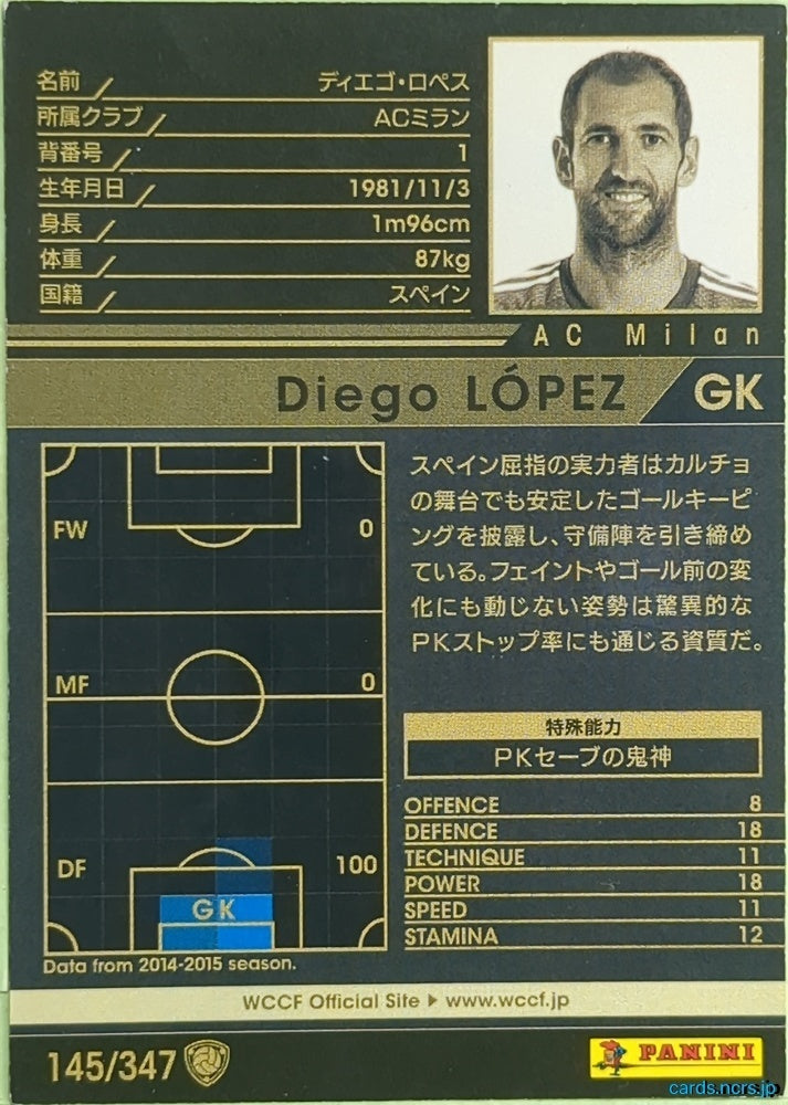 Panini WCCF Football WCCF/2015-2016-145/347 N Diego Lopez Trading Card EX