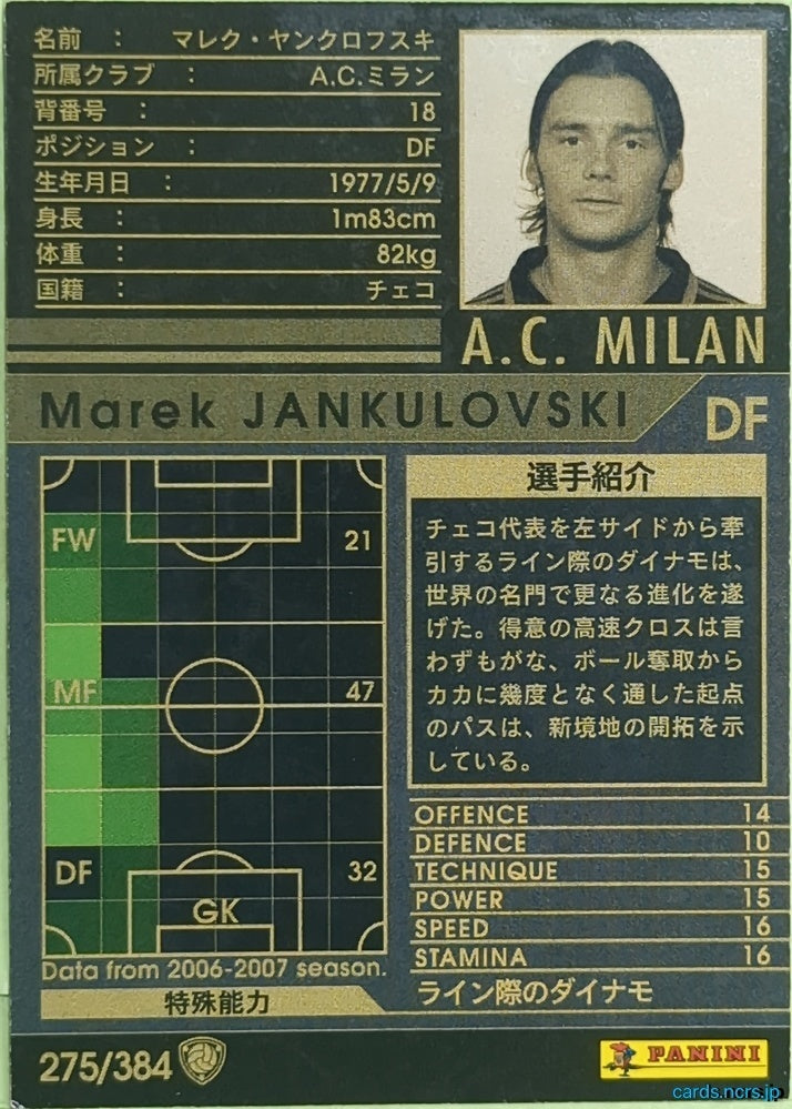 Panini WCCF Football WCCF/2006-2007-275/384 N Marek Jankulovski Trading Card EX