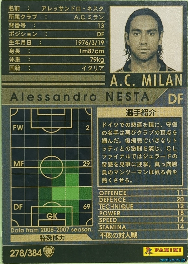 Panini WCCF Football WCCF/2006-2007-278/384 N Alessandro NESTA Trading Card EX