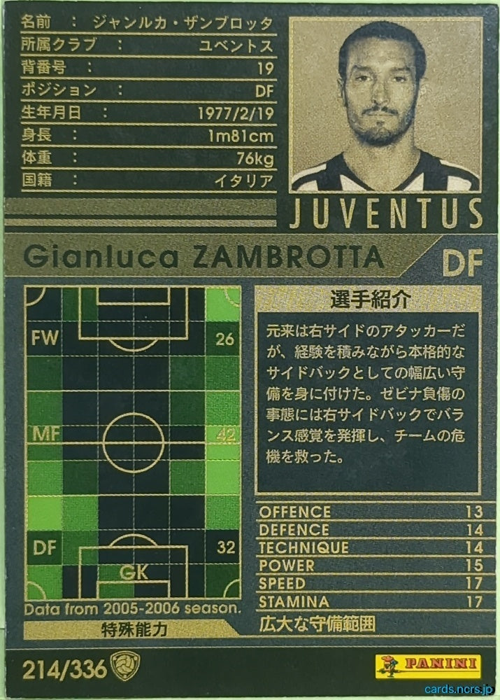 Panini WCCF Football WCCF/2005-2006-214/336 N Gianluca Zambrotta Trading Card EX