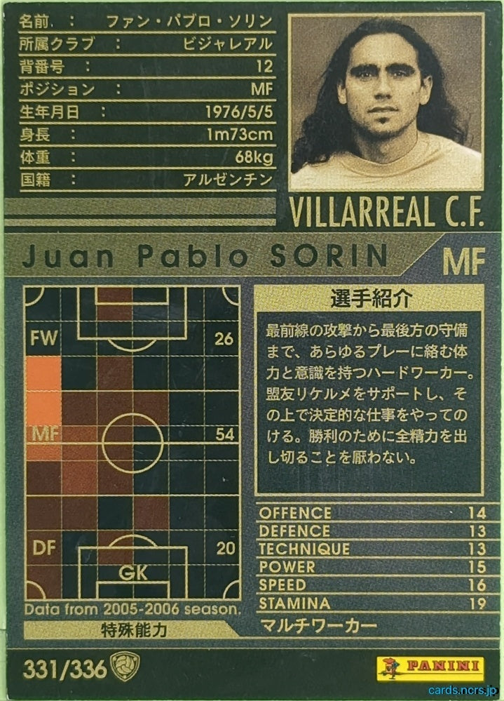 Panini WCCF Football WCCF/2005-2006-331/336 N Juan Pablo Sorin Trading Card EX