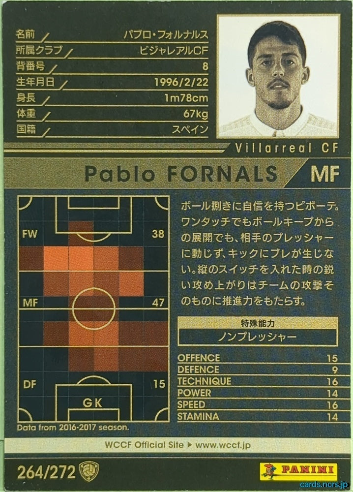 Panini WCCF Football WCCF/2017-2018-264/272 N Pablo FORNALS Trading Card EX