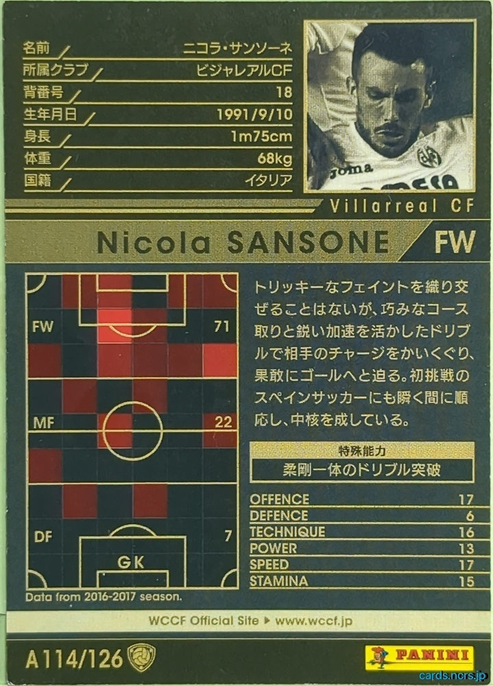 Panini WCCF Football WCCF/2016-2017-A114/126 N Nicola SANSONE Trading Card EX