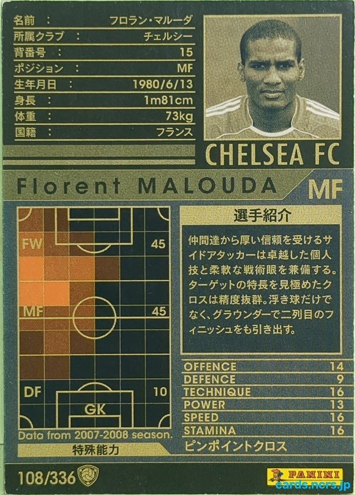 Panini WCCF Football WCCF/2007-2008-108/336 N Florent Malouda Trading Card EX