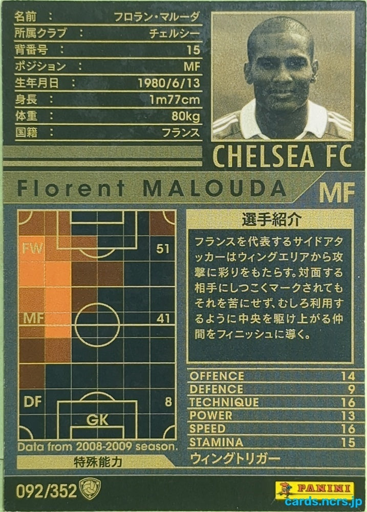 Panini WCCF Football WCCF/2008-2009-092/352 N Florent Malouda Trading Card EX