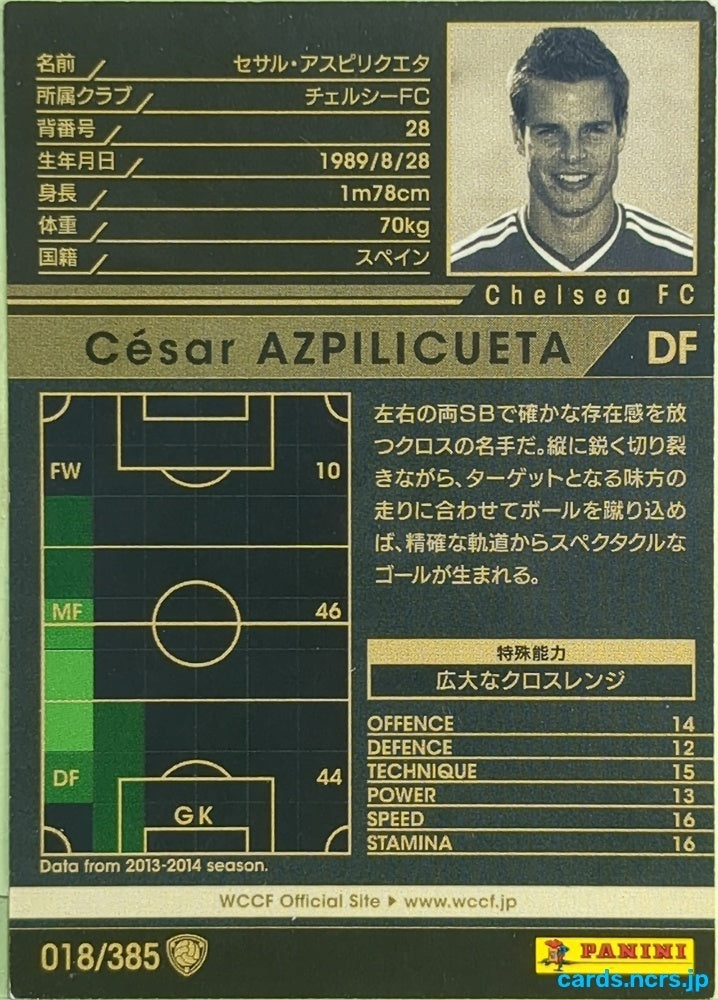 Panini WCCF Football WCCF/2013-2014-018/385 N Cesar Azpilicueta Trading Card EX