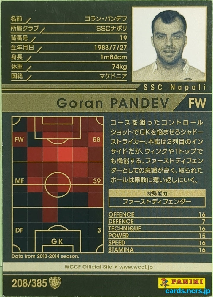 Panini WCCF Football WCCF/2013-2014-208/385 N Goran Pandev Trading Card EX