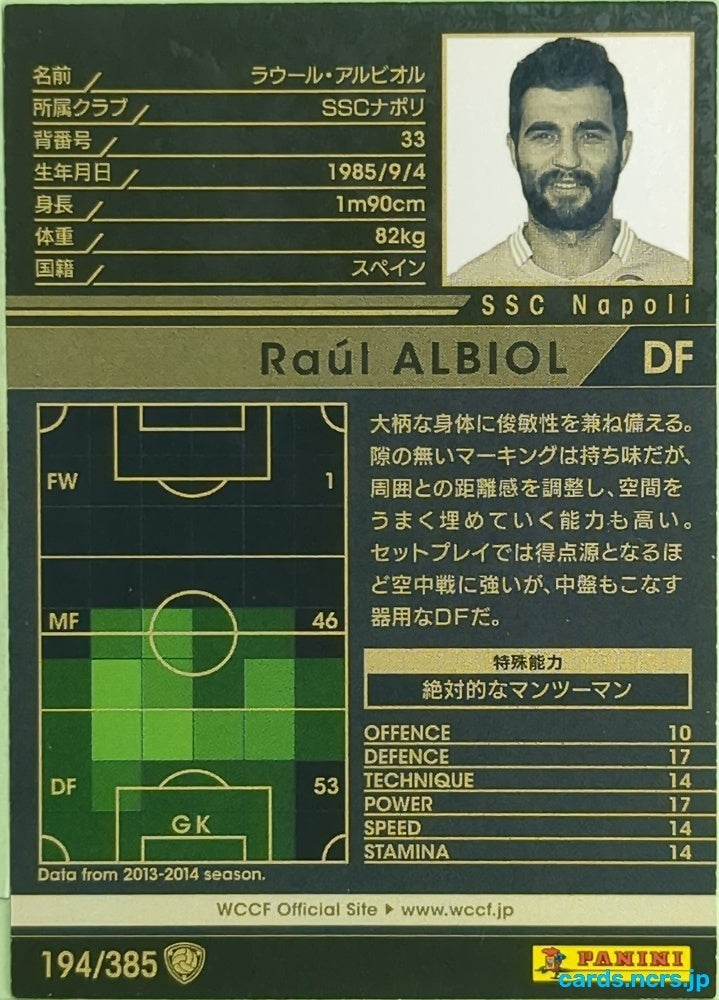 Panini WCCF Football WCCF/2013-2014-194/385 N Raúl Albiol Trading Card EX