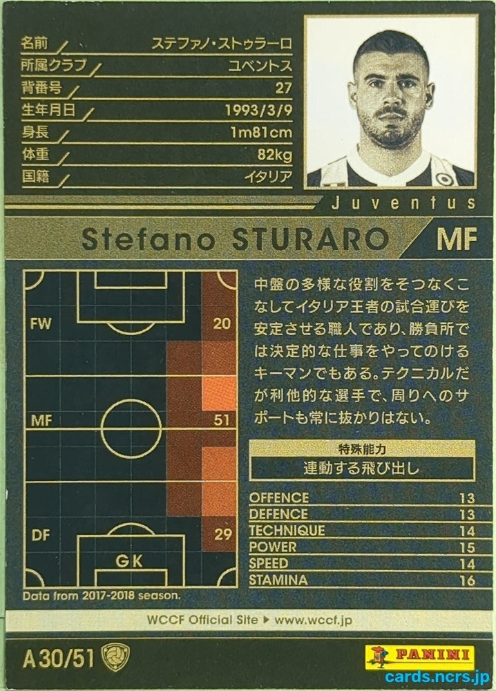 Panini WCCF Football WCCF/2017-2018-A30/51 N Stefano Sturaro Trading Card EX