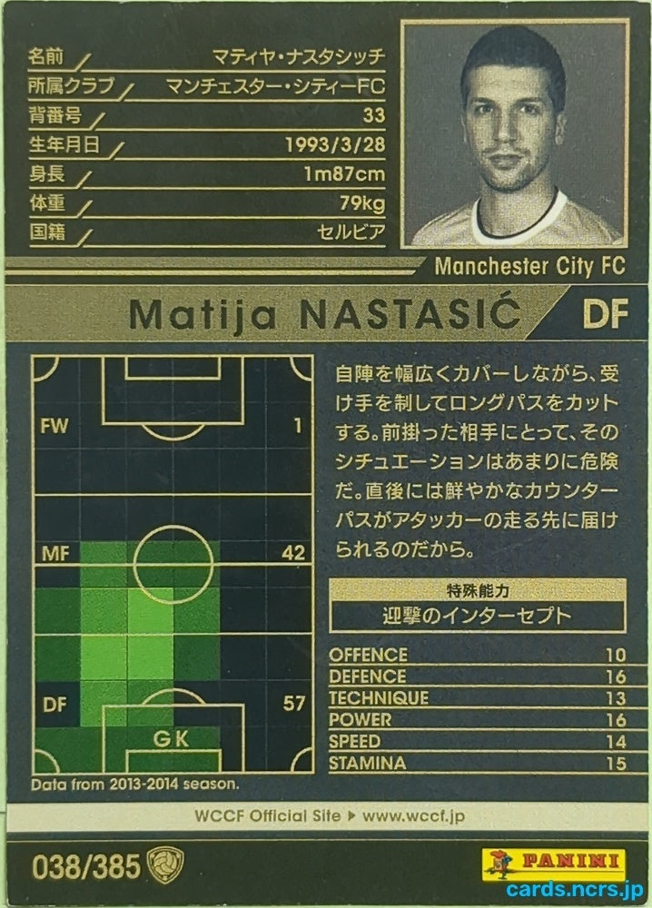 Panini WCCF Football WCCF/2013-2014-038/385 N Matija Nastasić Trading Card EX
