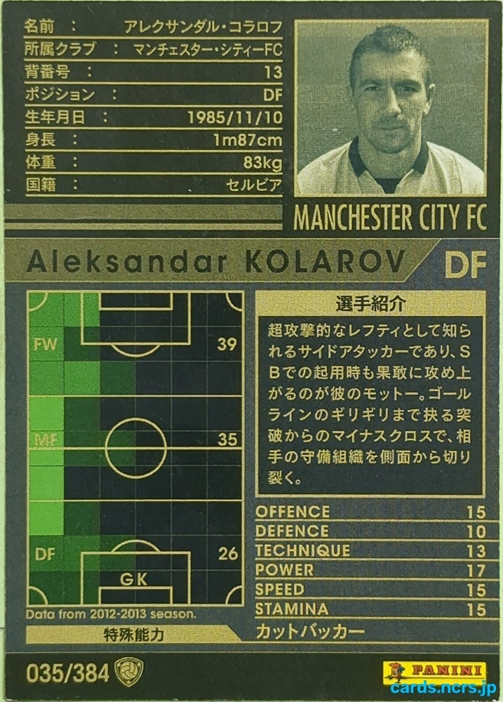 Panini WCCF Football WCCF/2012-2013-035/384 N Aleksandar Kolarov Trading Card EX