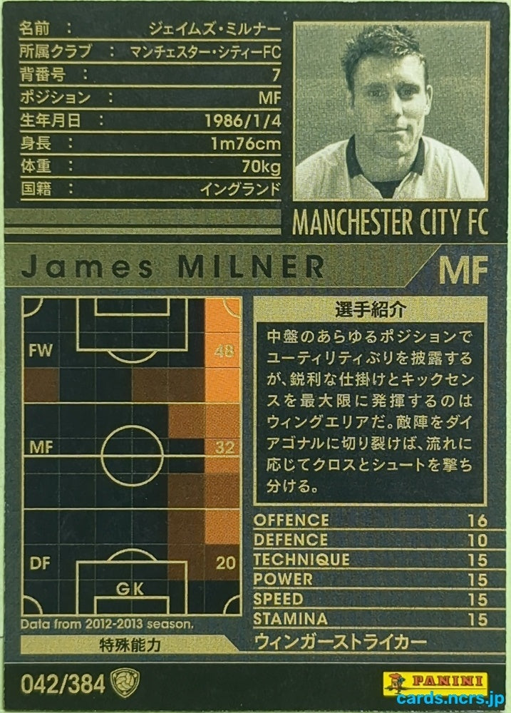 Panini WCCF Football WCCF/2012-2013-042/384 N James Milner Trading Card EX