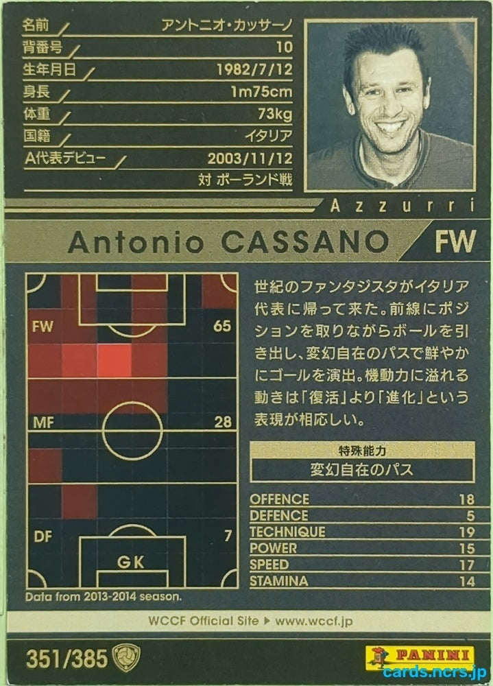 Panini WCCF Football WCCF/2013-2014-351/385 N Antonio Cassano Trading Card EX