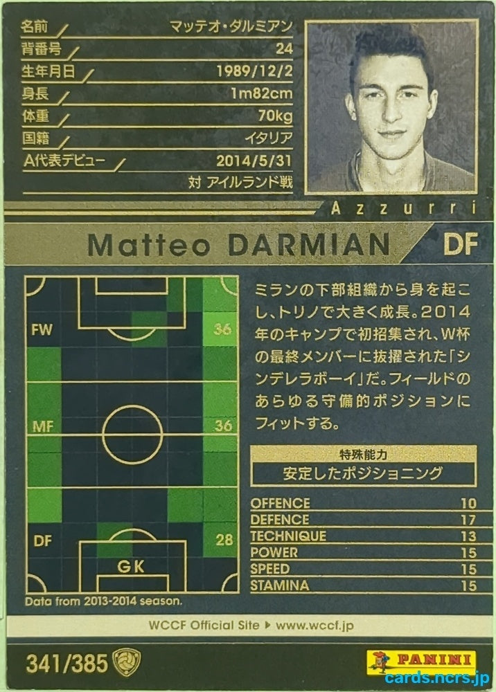 Panini WCCF Football WCCF/2013-2014-341/385 N Matteo DARMIAN Trading Card EX