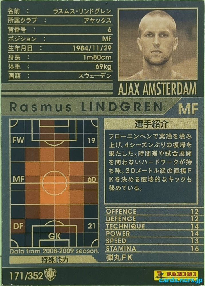 Panini WCCF Football WCCF/2008-2009-171/352 N Rasmus LINDGREN Trading Card EX