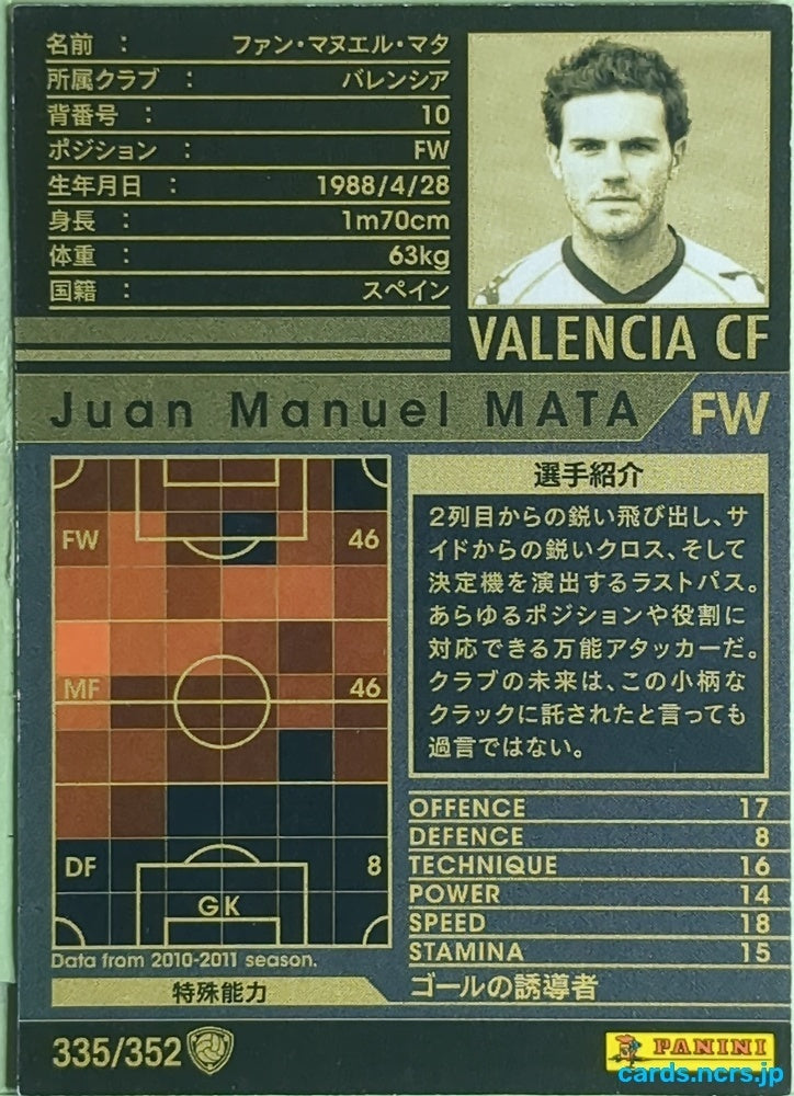 Panini WCCF Football WCCF/2010-2011-335/352 N Juan Manuel Mata Trading Card EX