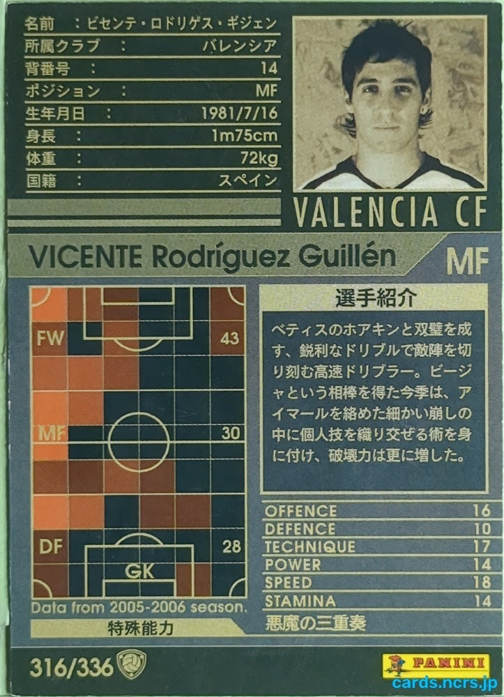 Panini WCCF Football WCCF/2005-2006-316/336 N Vicente Rodríguez Guillén Trading Card EX