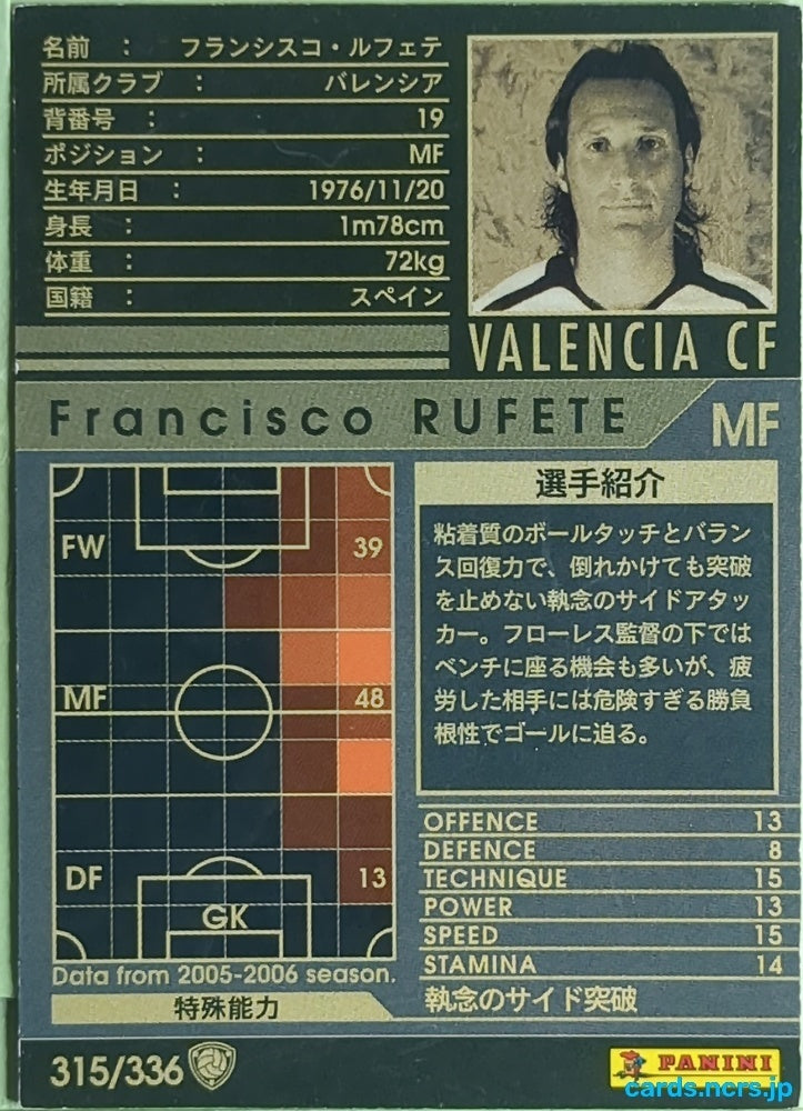 Panini WCCF Football WCCF/2005-2006-315/336 N Francisco Rufete Trading Card EX
